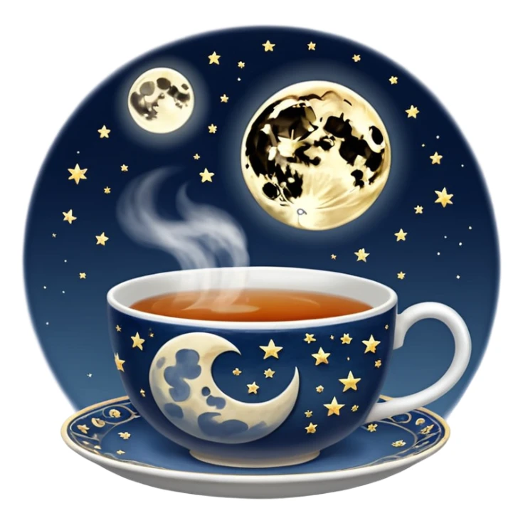 A cup of tea with a moon in it and on the cup sticker