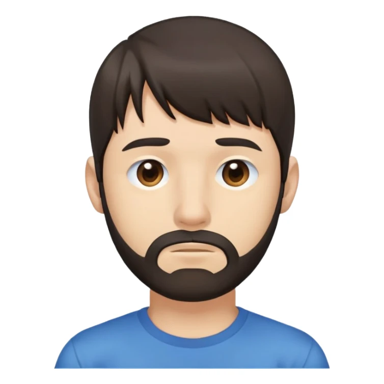 Man with longer dark brown straight hair past ears with bangs, short beard covering whole face, neutral expression, basic blue t-shirt sticker