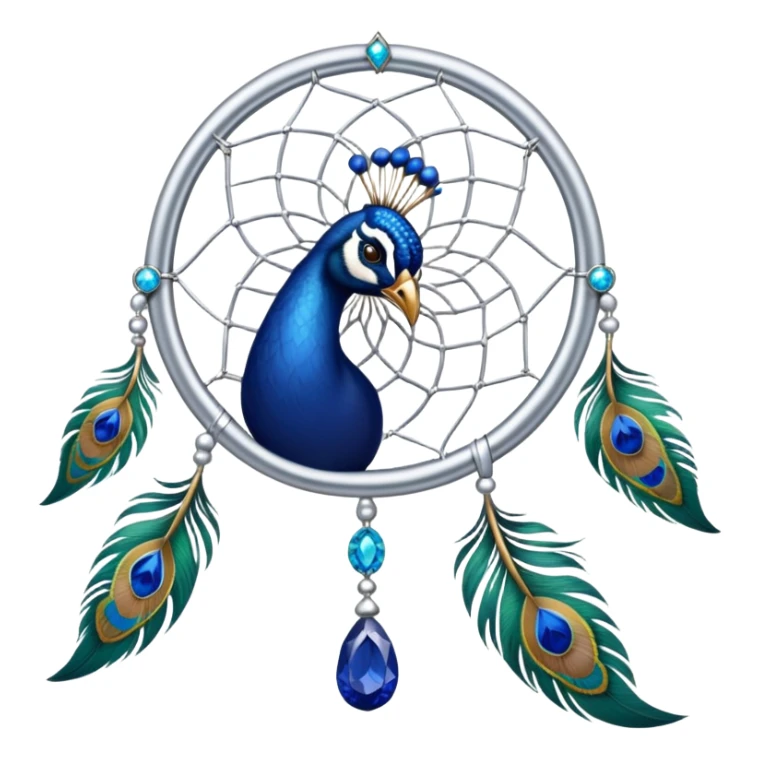a Silver Dreamcatcher with sapphire-stones and emerald-stones, and with peacock-feathers sticker