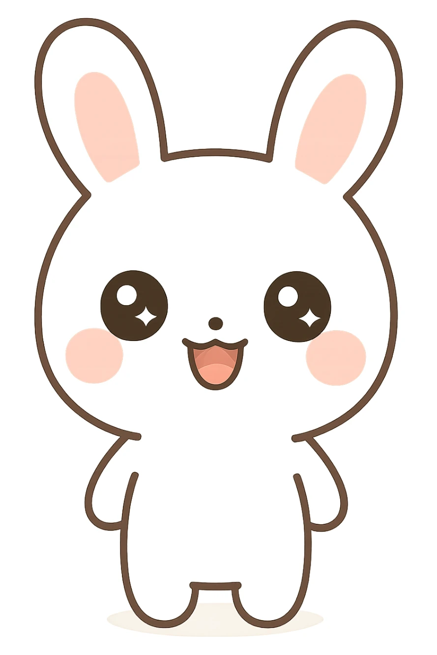 Enhance the bunny by making its fur a pure, bright white color while keeping the kawaii style, pink cheeks, and all other features the same. No background. sticker