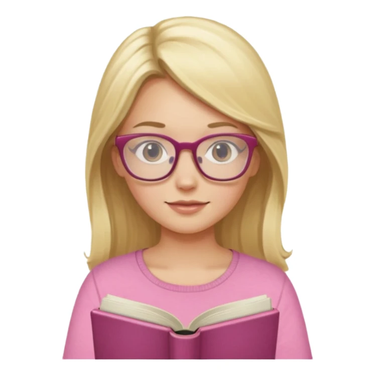 long hair blonde girl pink top with glasses reading sticker