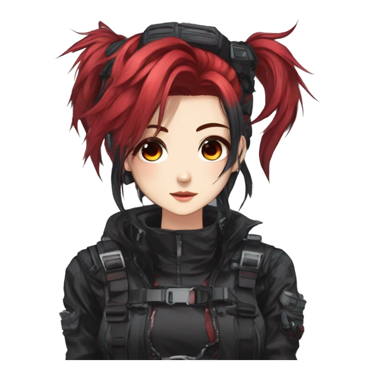 Gorgeous techwear anime style lady with blushing face aesthetic and pretty edgy black red punk hair with messy hair and collar  and harness trending style sticker