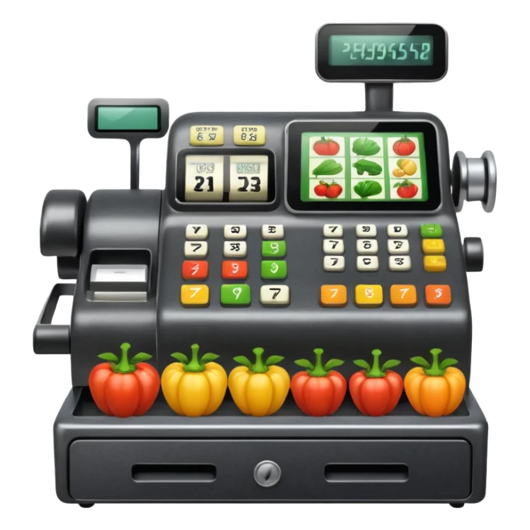 cash registerwith symbols for vegtables from the front sticker