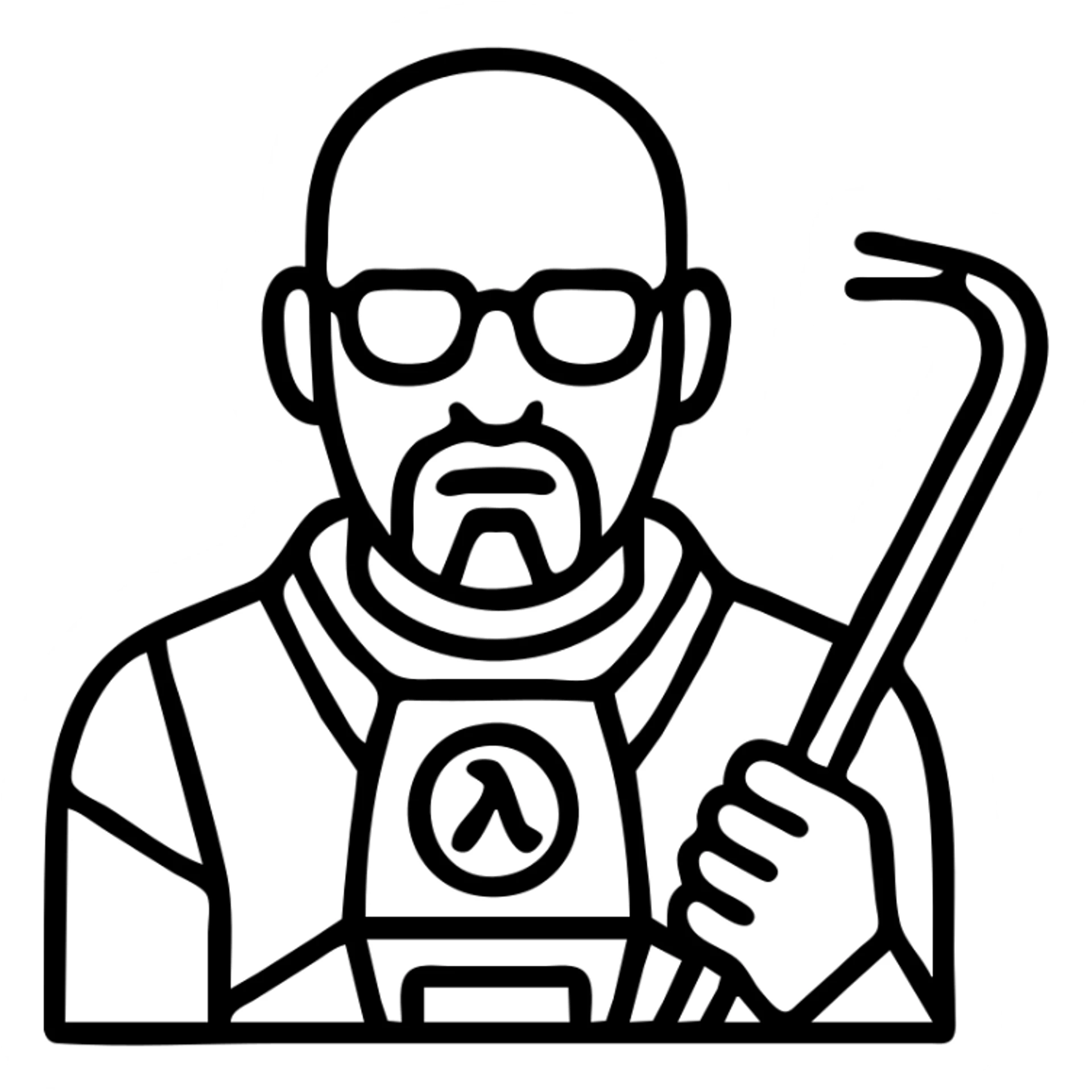 Walter White as Gordon Freeman, outlined icon, glasses, HEV suit, crowbar sticker
