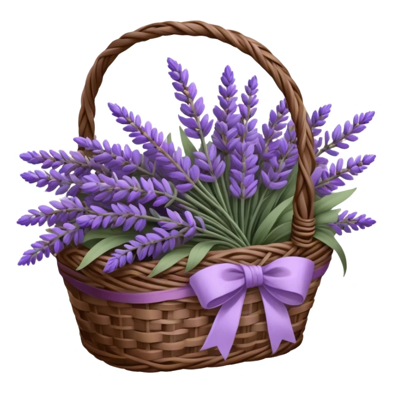 A carefully arranged lavender bouquet, interwoven with hints of muted wisteria and smoky violet, rests inside a vintage wicker basket, its stems spilling over in a cascade of soft, fragrant beauty. A loosely draped silk ribbon in shades of lavender and aubergine weaves through the handle, catching the light as it gently sways in the breeze.
 sticker