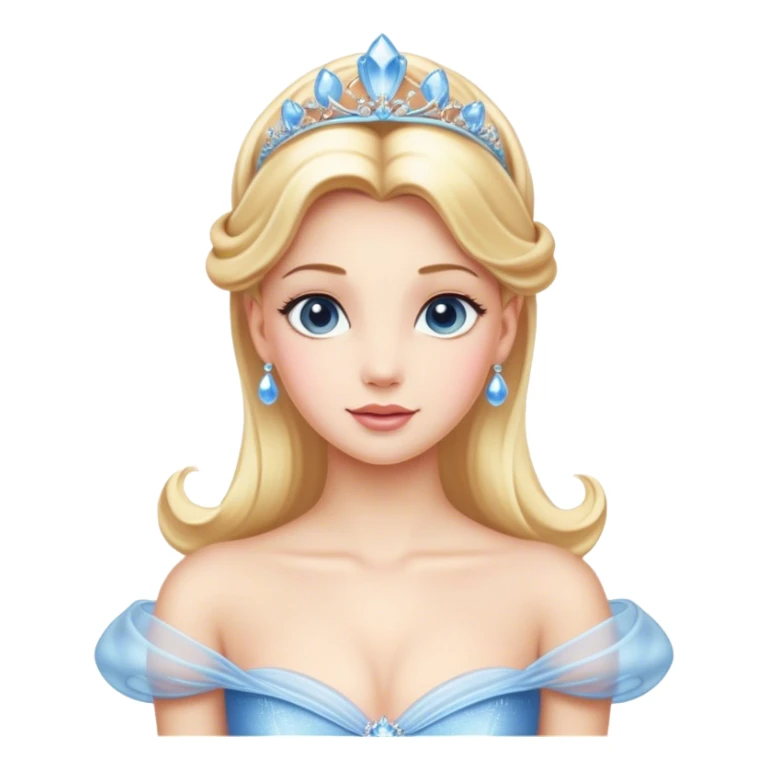 Cinematic Elegant Cinderella Portrait Emoji, rendered in a cinematic, vector-style with minimal shading and bold, simplified shapes. Depict Cinderella in her classic ball gown (chest and above) with fair, porcelain skin and elegantly styled blonde hair, her eyes soft and kind, and her expression serene and graceful. The design glows with a gentle, enchanting radiance and high shine, capturing the timeless beauty of a fairy tale princess. sticker