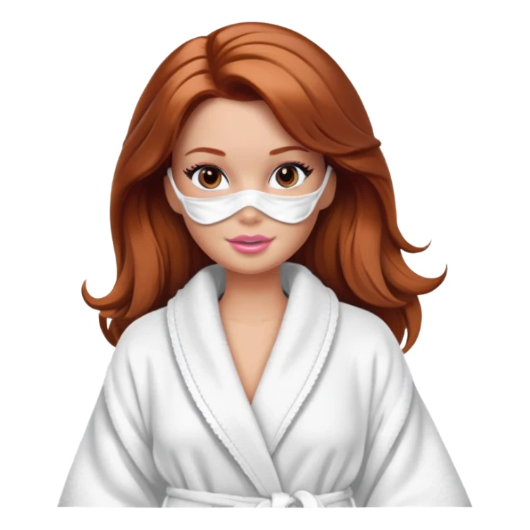 A Barbie face with shoulder-length reddish-brown hair, makeup, a smeared face mask, and a bathrobe. sticker