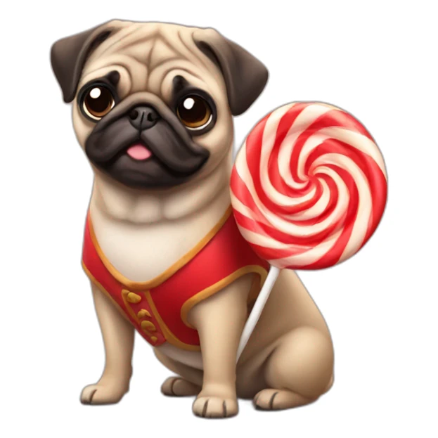 pug wearing a red vest holding lollipop sticker