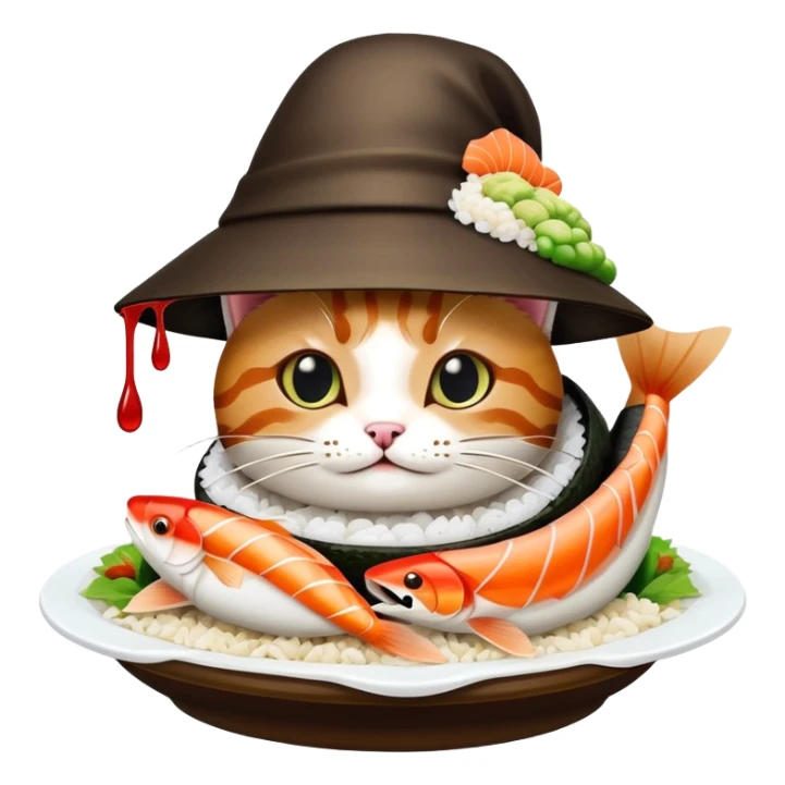 cat wearing a sushi hat with rice base, multiple fish pieces on top, wasabi accent, and lots of soy sauce heavily dripping down the sides, abundant sauce flowing from sushi hat sticker