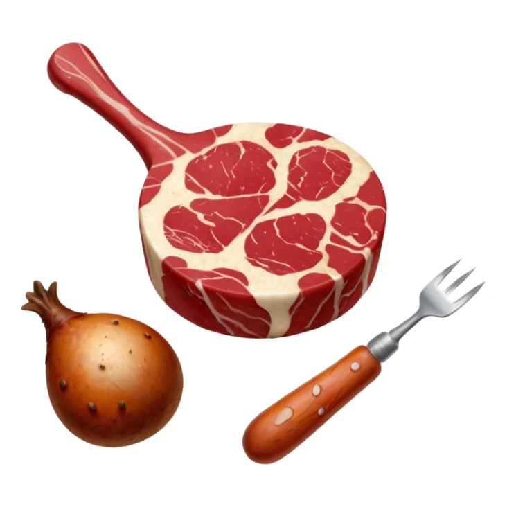 A raw red steak with visible marbling placed next to a small chicken drumstick. sticker