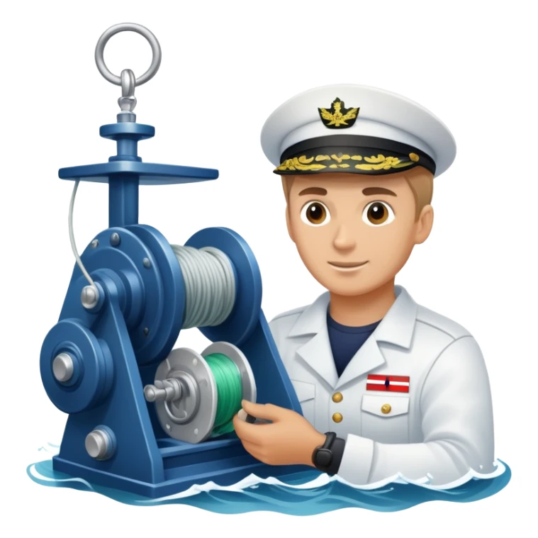 Russian sailor operating a winch with oceanographic equipment, sonar devices, water samples, and ocean waves sticker