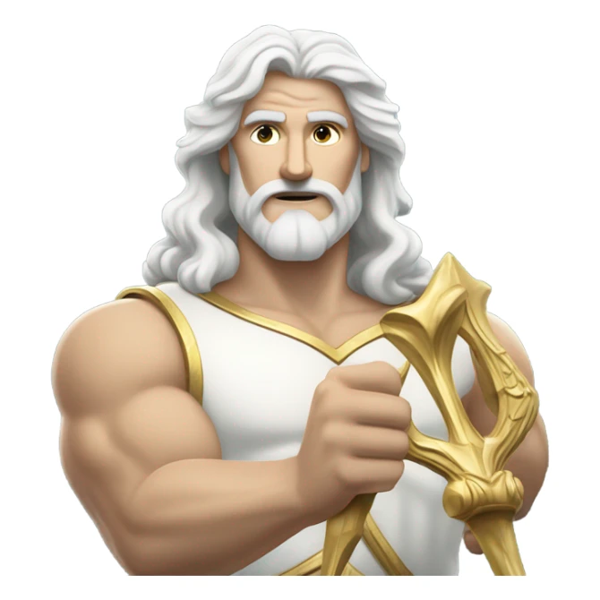 white man Poseidon with gold Trident. long white hair white dress. show biceps sticker