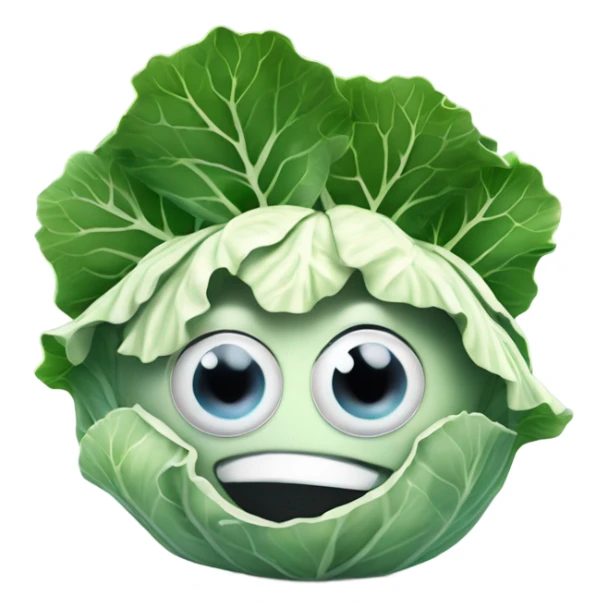 Create 3D White colored cabbage with a mysterious face and large shiny eyes 👀 has two hands of leaves. one hand holds mirror with reflection 🪞 sticker