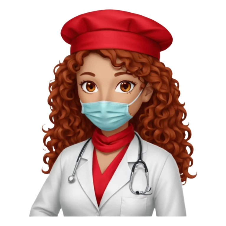 Sensual Spanish Lilith core evil surgeon.red outfit.  Surgeon has hazel eyes. Her hair is BROWN. Hair is also  long and  curly. wearing a sexy surgeon outfit with platform  heels.she is a calculated smart killer. She covers only her mouth and nose with silk scarf to hide identity  sticker