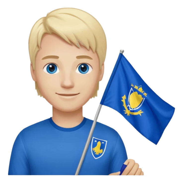 Create a man with bosnia flagg in his hand with blue eyes blond here with agatha sticker