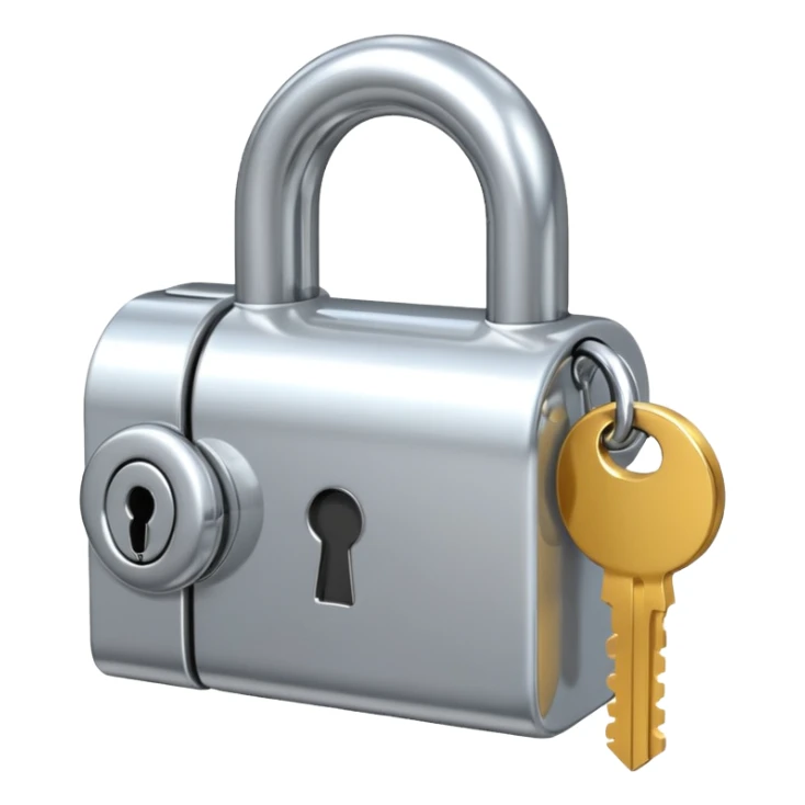 A chrome silver lock and key emoji, smooth metallic surfaces, glossy reflections, luxury swag vibe, minimal iOS emoji style, centered on clean white background sticker