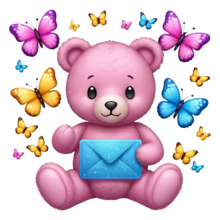 A pink teddy bear holding a sign and surrounded by butterflies and sparkles. sticker