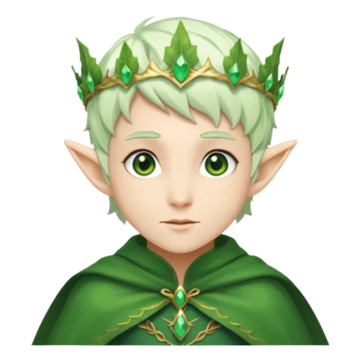 Forest Elf – elegant green-skinned elf with leaf crown and cloak, white short hair sticker