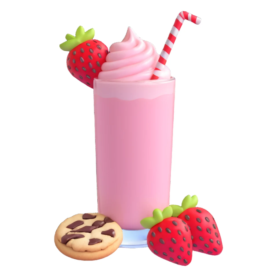 3D style strawberry milkshake with pink hue and cherry on top, glass with chocolate drizzle, cookie on the rim sticker