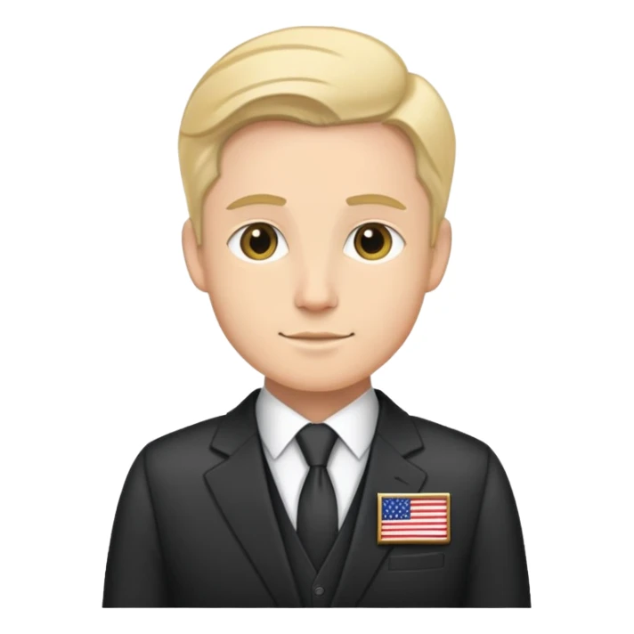 A diplomat in a formal suit with a briefcase and flag pin on lapel sticker