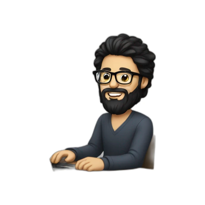 Designer with black hair, beard and glasses working with MacBook and drinking cappuccino  sticker
