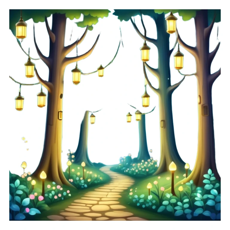 enchanted forest with tall trees, sparkling lights, whimsical atmosphere sticker