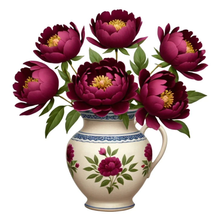 5 burgundy peonies in a vintage vase sticker
