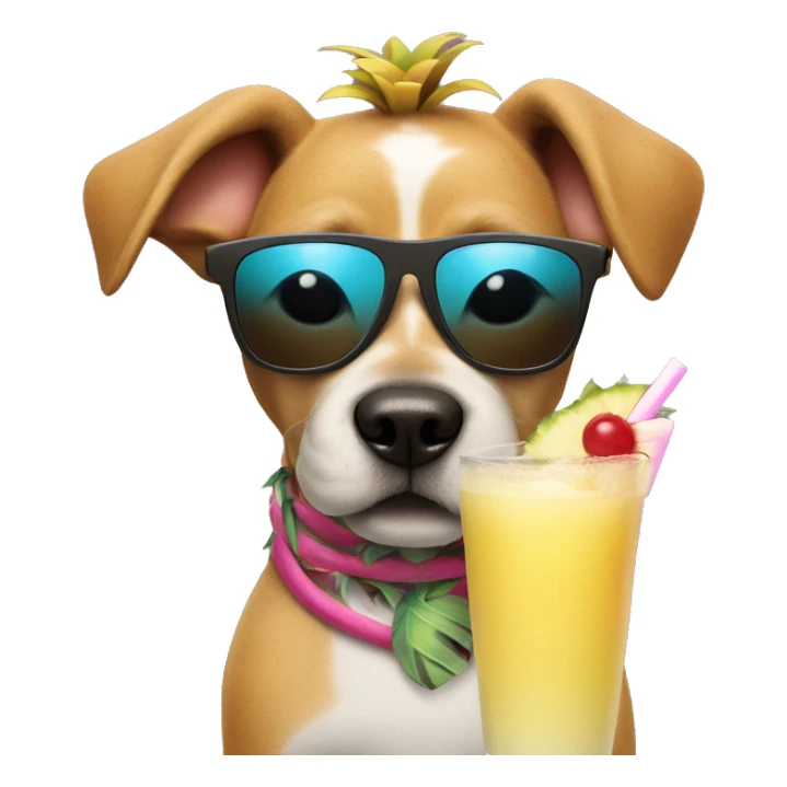 dog with sunglasses holding a pina colada with a 50 sign sticker