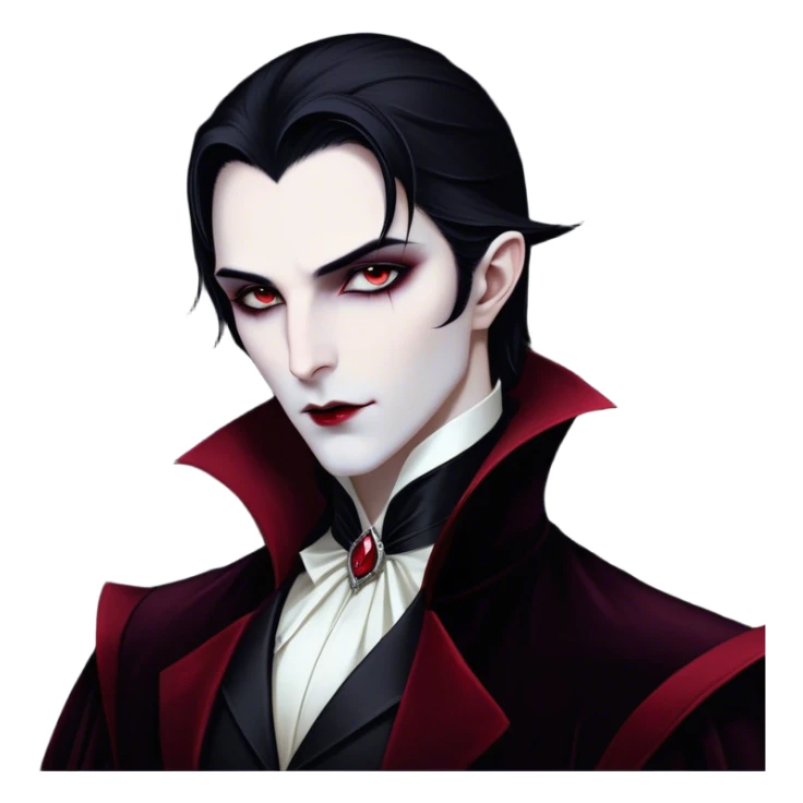 Cinematic Noble Vampire Portrait Emoji, Elegant and commanding, with a refined, pale visage framed by dark, velvet accents and a hint of crimson, exuding timeless seduction and dangerous allure, simplified yet exquisitely detailed, glowing with a soft nocturnal radiance and a subtle, mysterious outline that captures the regal spirit of an immortal lord of the night! sticker