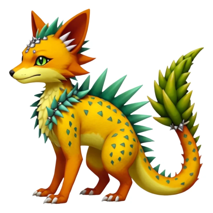 Kawaii cute reddish orangish yellowish greenish exotic tropical beautiful pretty elegant divine edgy feline-vernid-sergal-Fakémon-Pokémon-Digimon-fursona-animal-creature with accessories, jewelries, full body, with intricate detailed markings, spikes, furs, fins, scales, spiny sticker