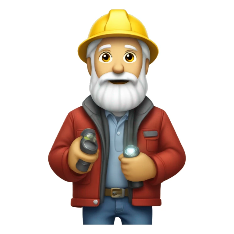 Old diamond miner with a big white beard, dynamite in his hand, red jacket, jeans, yellow helmet with flashlight sticker