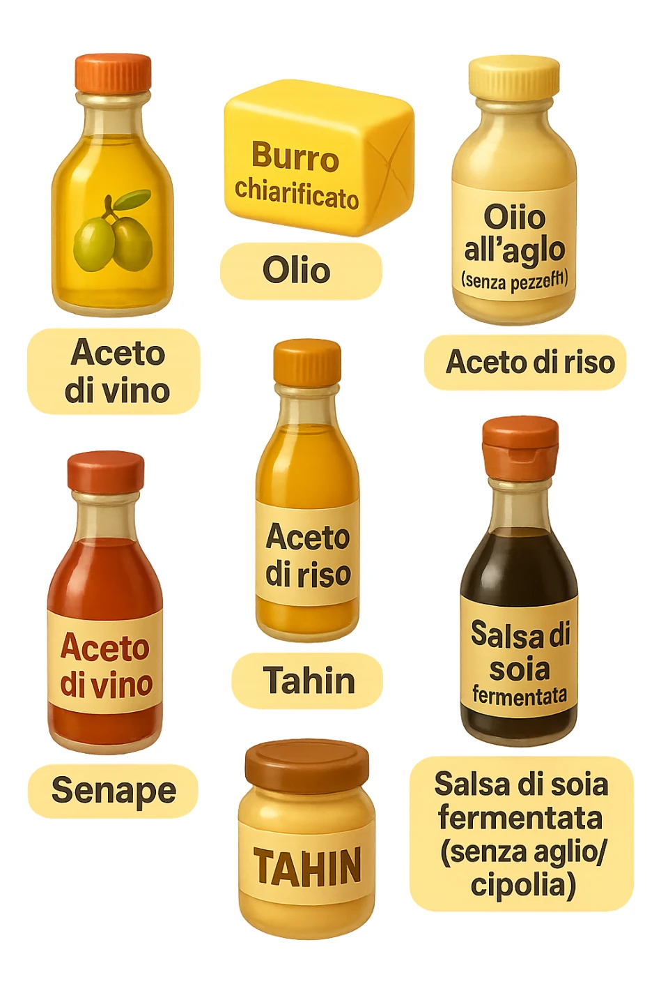 emoji stile iphone 3d di questi elementi che fluttuano in aria sparsi casualmente:

Olio extravergine d’oliva, burro chiarificato
Olio all’aglio (senza pezzetti)
Aceto di vino, aceto di riso, senape, tahin
Salsa di soia fermentata (senza aglio/cipolla)


 che fluttuano sparse casualmente in aria, le etichette dei prodotti scrivile in italiano, iperealistico 4k sticker