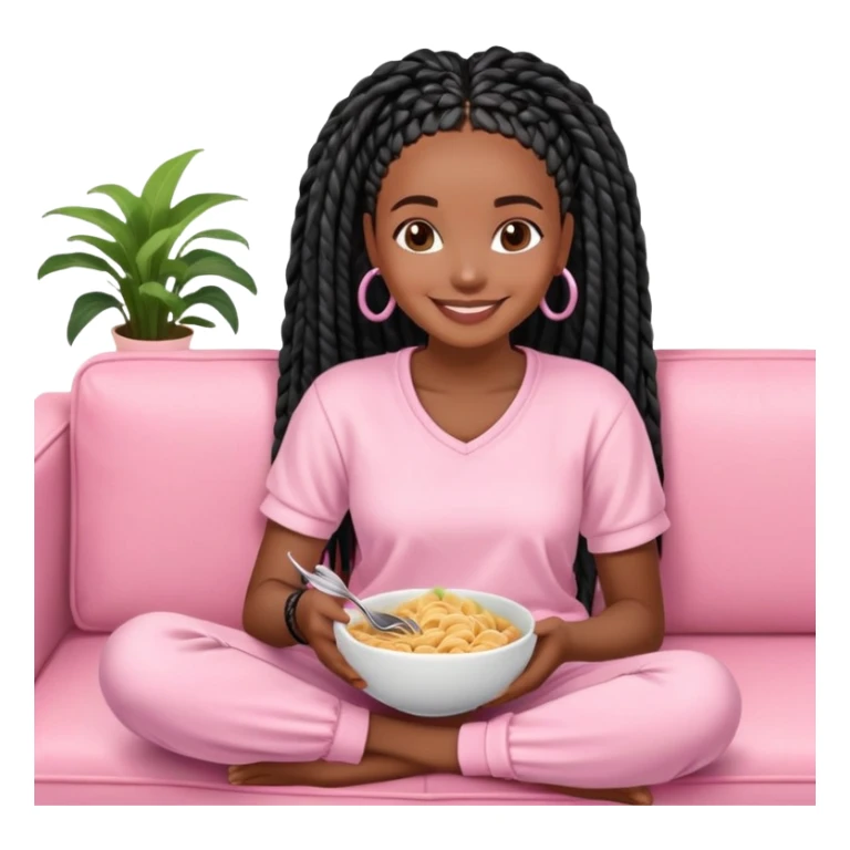 A dark-brown-skinned Black woman with black box braids, sitting on a pink couch, holding a bowl of pasta with a fork, smiling or enjoying the meal. She’s wearing casual, comfy loungewear, relaxed in a cozy setting. sticker