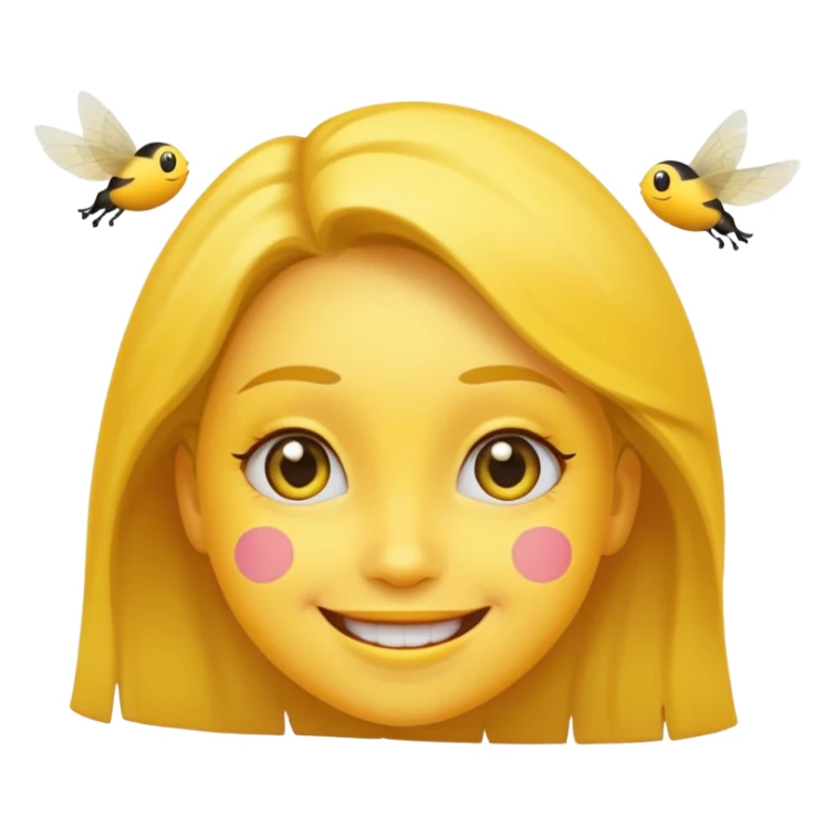 😊🥺 these emojis but with flies around it and its happy yellow face emoji black eyes like the 4th image but its cuter remove the nose make the eyes bigger and fully black and close its mouth make it smile girl whatever sticker