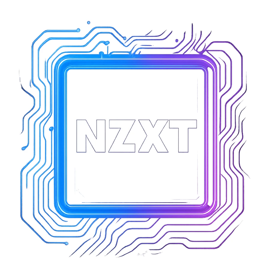 Transform the NZXT logo into a cyberpunk, holographic style with glowing neon blue and pink circuit patterns and edges. Keep the NZXT text bold, crisp, and white for maximum legibility. The main icon should be a glowing purple square with the NZXT text, matching the cyberpunk folder icon style. The overall look should be futuristic, clean, and consistent with previous cyberpunk icons, with the purple square and neon effects floating on a transparent background. sticker