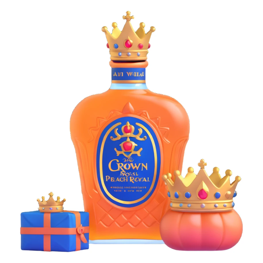 Crown Royal Peach whisky bottle with peach-colored bag and gold crown sticker