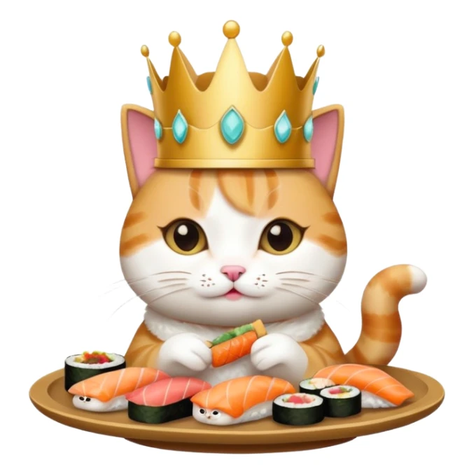 princess cat eating sushi, elegant crown, cute expression, emoji style sticker