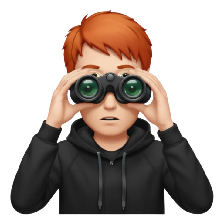 A red-haired, short-haired man without a beard, wearing a black hoodie, looks through binoculars sticker