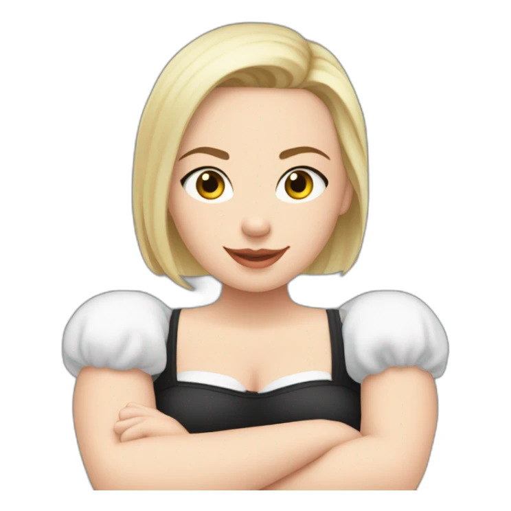 Front view curvy caucasian beauty sitting straight hands up black skirt white knickers white socks sticker