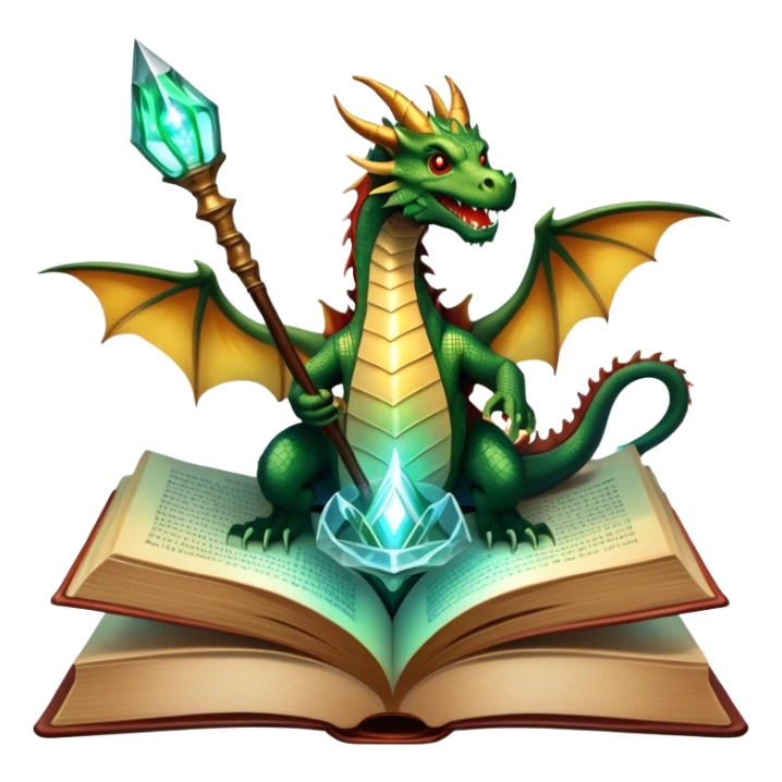 Icon for Fantasy and Sci-Fi Literature: a magical book with glowing pages, surrounded by a dragon, a spaceship, and a wizard with a staff. The icon should capture the adventurous and imaginative world of fantasy and science fiction. Transparent background. sticker