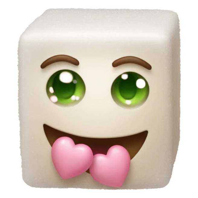 Sugar cube with granulated texture, pink hearts on cheeks, blushing smile, green and brown eyes with lashes sticker