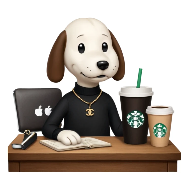 snoopy in a desk with starbucks and his chanel purse sticker