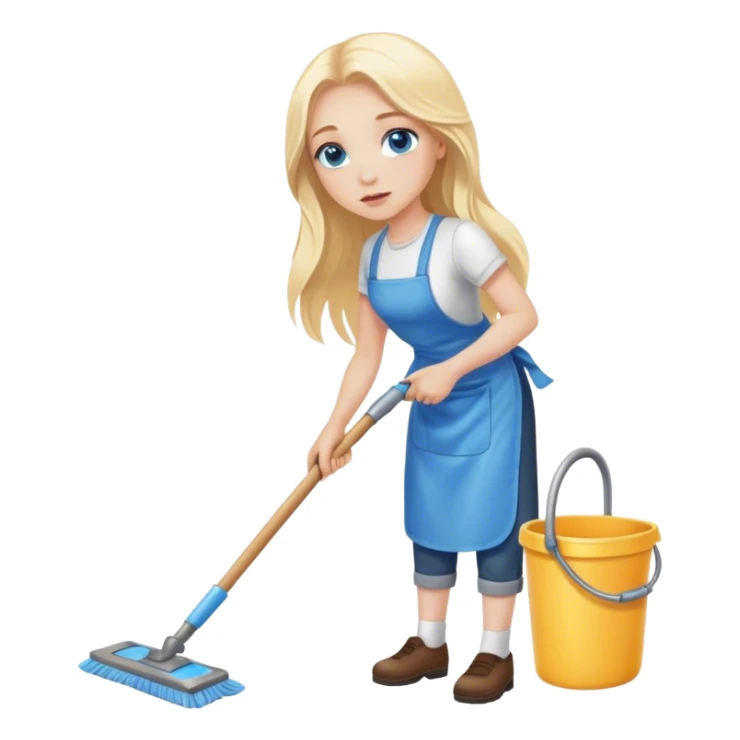 Cinematic realistic blonde with long hair, blue eyes cleans floors sticker