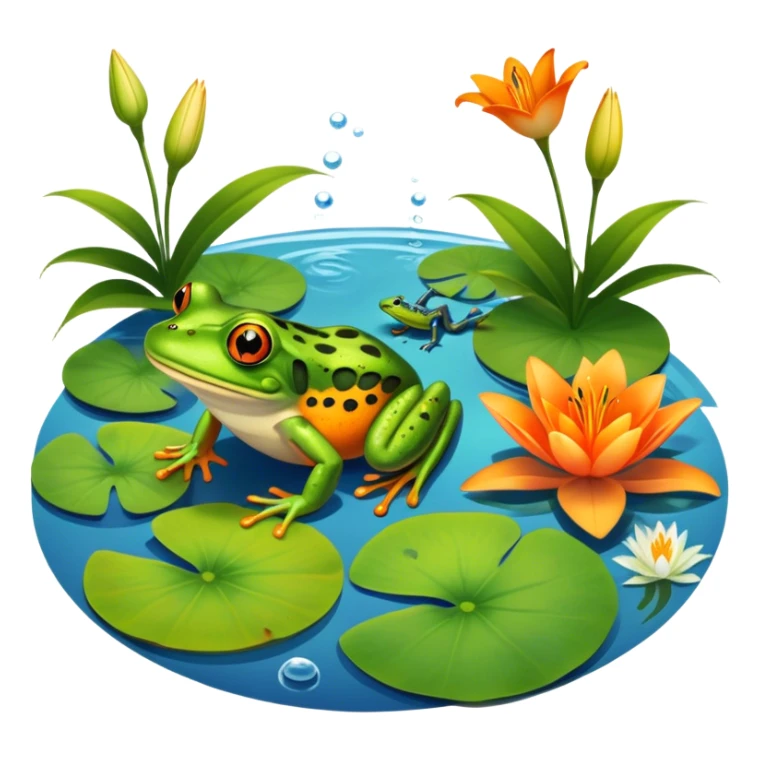 Icon for Amphibians: A colorful collage featuring a frog sitting on a lily pad, a salamander crawling on the ground, and a newt swimming in water. The background features lily flowers and a calm pond setting. Transparent background. sticker