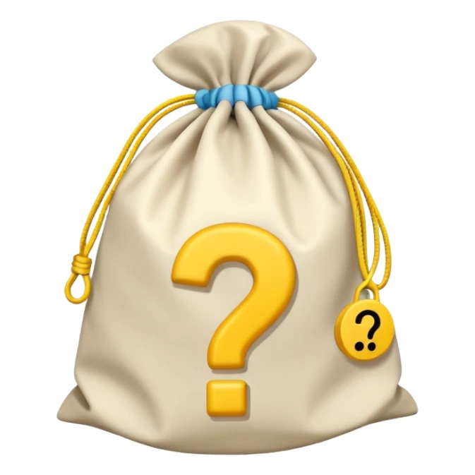 tied bag printed with q&a overstuffed with yellow question marks sticker
