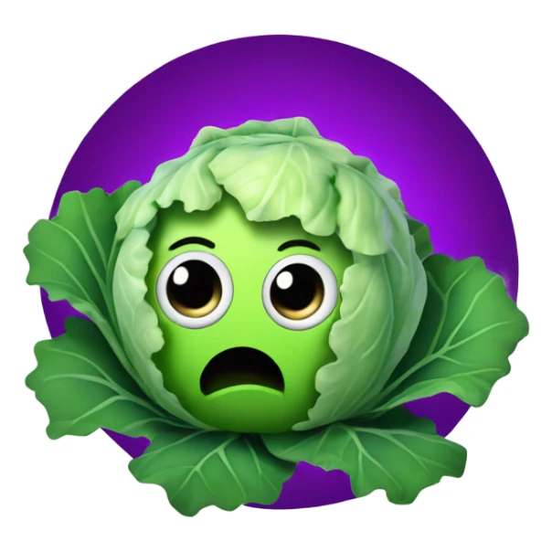Create 3D color cabbage emoji with mysterious face and big shiny eyes 👀. has two leafy hands, hand holds a small mirror 🪞 sticker