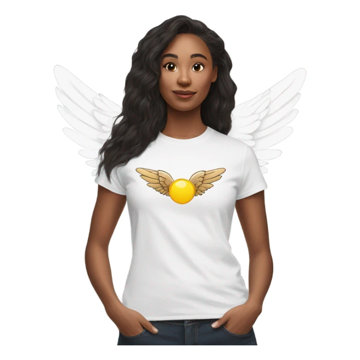 womans white t shirt with small drawing of wings on the front sticker