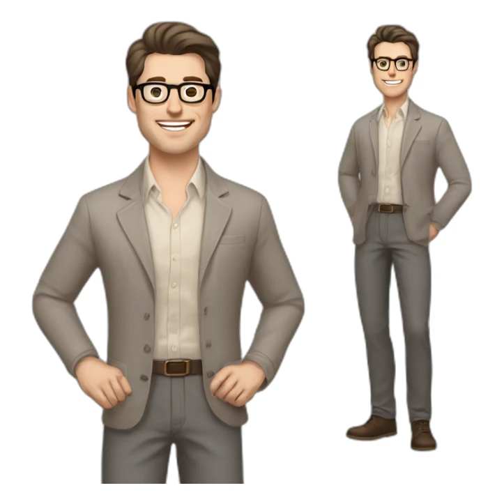 Joyful Full height Pale skinned Fit Man With dark brown hair in gray classic jacket, beige office shirt, Brown pants and vintage glasses. Thrumbs of his palms are up sticker