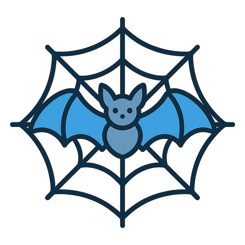 a bat with spread wings in a spiderweb, icon style, color outline with subtle blue and gray tones sticker
