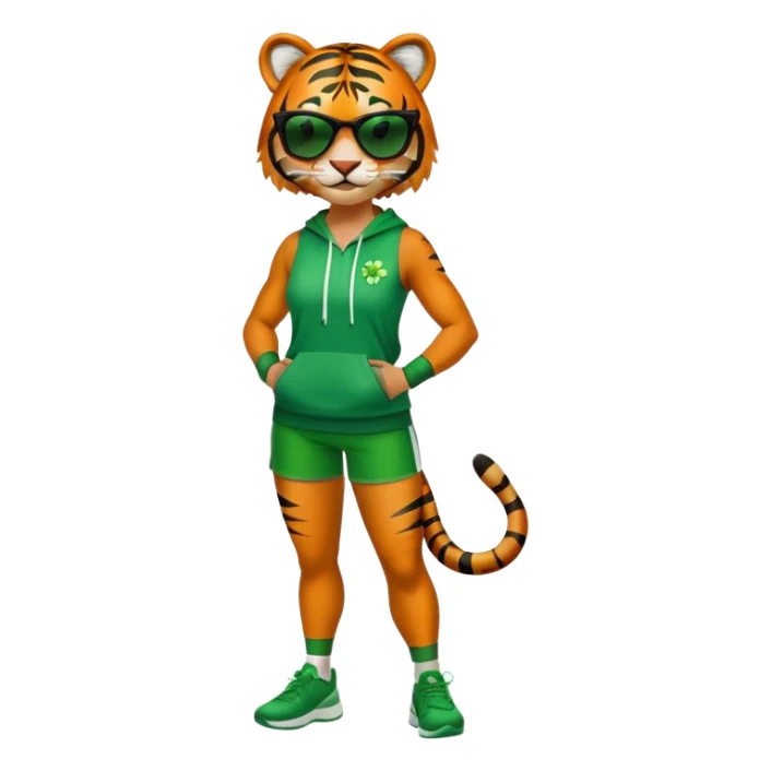 female energetic anthropomorphised tiger in full body, wearing St. Patrick's Day themed sportswear and dark sunglasses sticker
